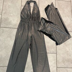 HALSTON HERITAGE Silver Lame’ 70’s Inspired Halterneck Jumpsuit W/Belt Size 2